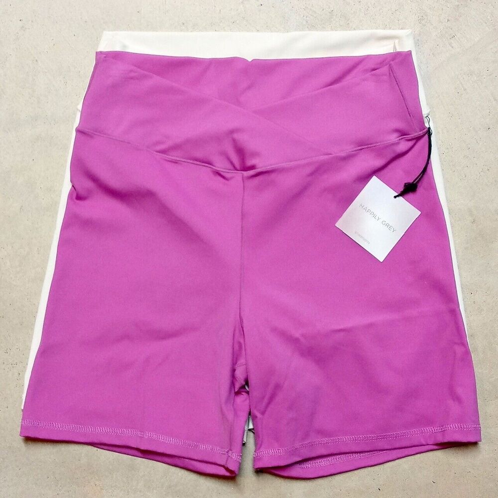 NWT Happily Grey Women's 5" Inseam Pink & Cream Bike Shorts Set of 2 Size Large